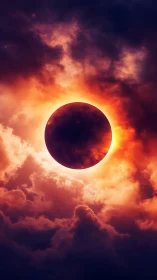 Fiery solar eclipse glows softly through dramatic swirling clouds