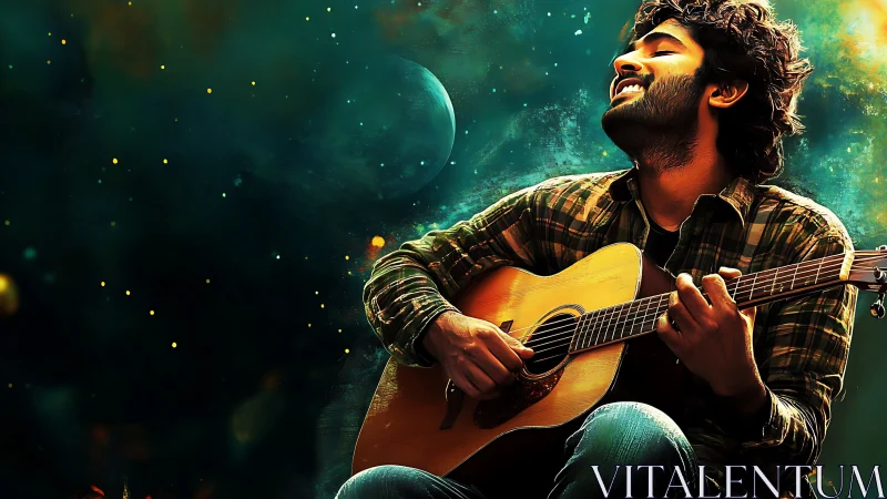 Guitarist basks in cosmic light while playing joyfully.