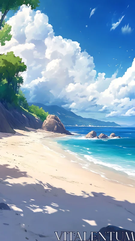 Tropical Beach with Towering Cumulus Clouds