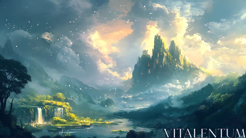 Sunlit fantasy citadel rises above misty valley rivers