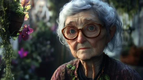 Elderly woman portrait in lush greenhouse with soft bokeh light.