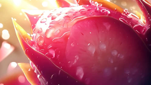 Hyperreal macro of dewy dragon fruit cross‑section surface.