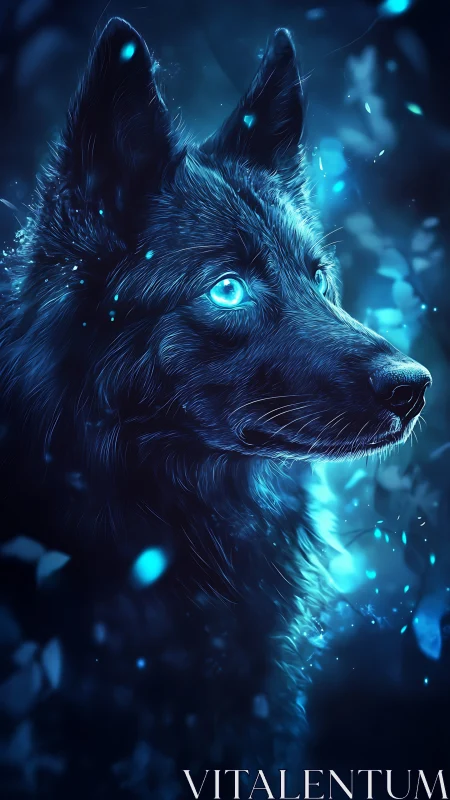 Moonlit wolf gazes through neon embers of a frozen dream