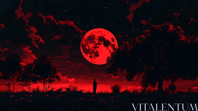 Crimson lunar horizon frames silhouetted trees and lone observer