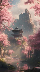 Mountain shrine amid misty river gorge and cherry blossoms