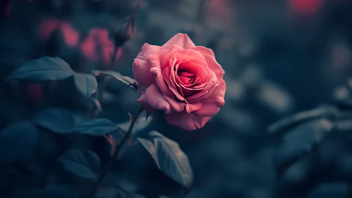 Pink rose bloom isolated against dark teal background with selective focus