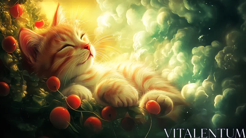 Digital rendering of cat with red fruit forms in luminous environment.