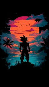 Solar storm warrior gazes over neon-tinted cosmic tide.