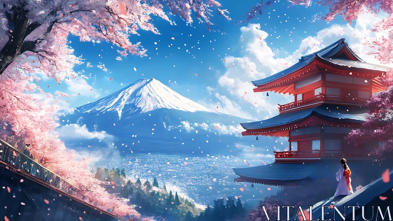 Digital landscape shows pagoda, cherry trees and distant peak