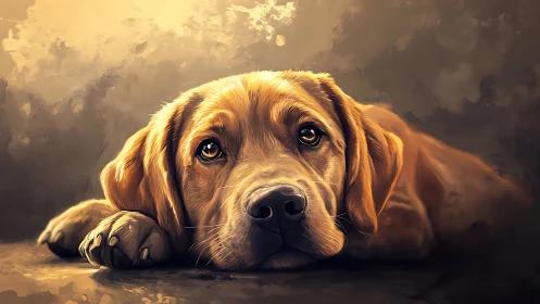 Digital portrait of golden dog resting on neutral ground.