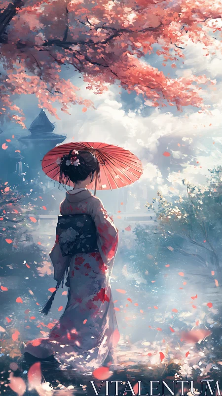 Woman in kimono under cherry blossoms with parasol.