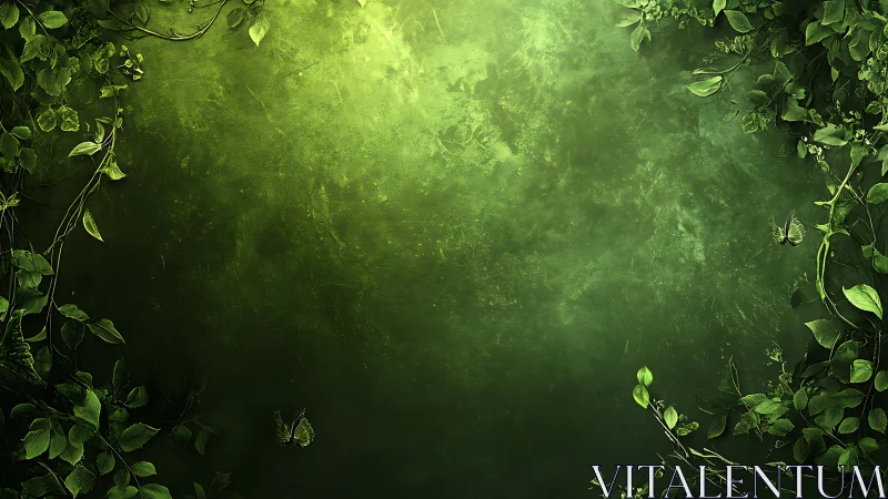 Green textured background frames dense foliage and butterflies