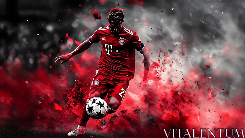 Dynamic football player in red kit with explosive red smoke.