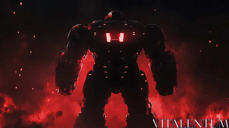 Silhouetted combat mech stands in red backlit smoke