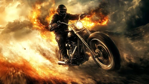 Motorcyclist riding through dense fire and smoke field.