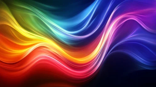 Radiant rainbow waves flow softly through glowing darkness