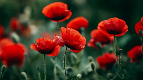 Red Poppies in Field with Green Foliage and Buds.