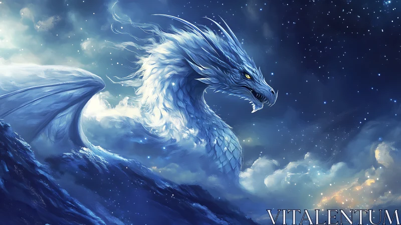 Celestial ice dragon rising through stormlit cosmic sea.