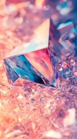 Prismatic crystal pyramid refracts neon gradients in shallow focus
