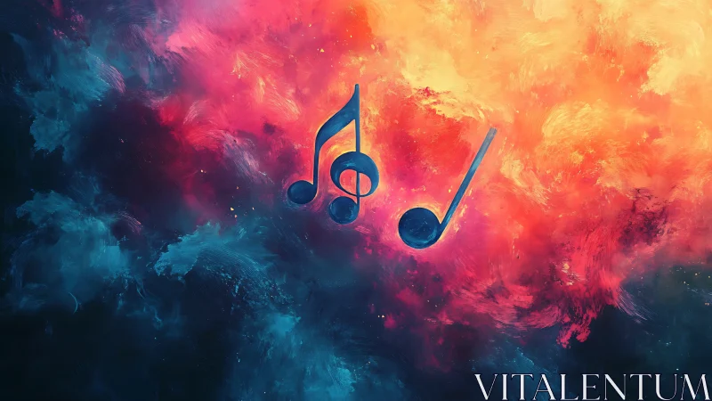 Musical notes float in vivid abstract cosmic clouds.