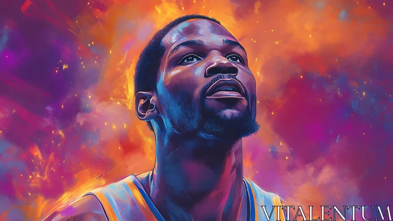 Vibrant digital portrait of basketball player in neon clouds