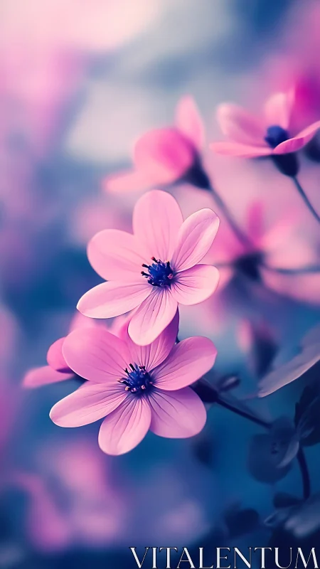 Pink Cosmos Flowers with Dark Centers in Soft Focus Depth of Field.