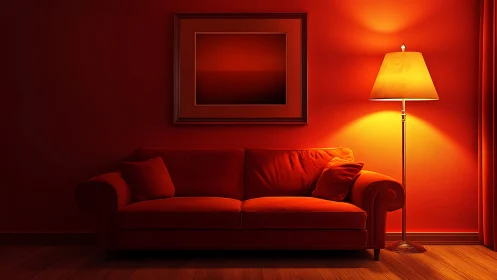 Monochrome red sofa glows under warm floor lamp lighting.