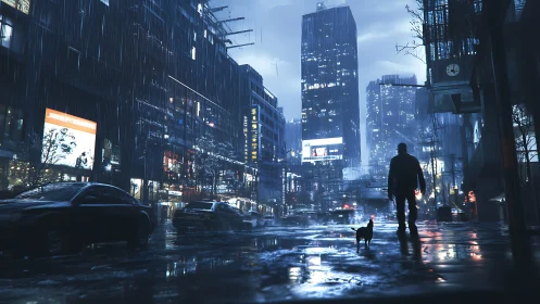 Rain-soaked cybercity street with lone figure and dog silhouette.