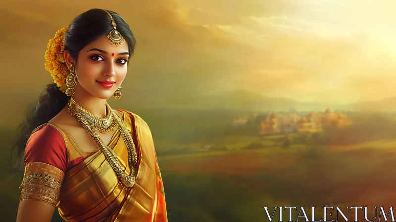 Digital portrait depicts woman in sari before rural landscape