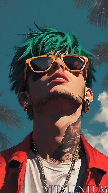 Neon-haired youth gazes upward under tropical sunlight