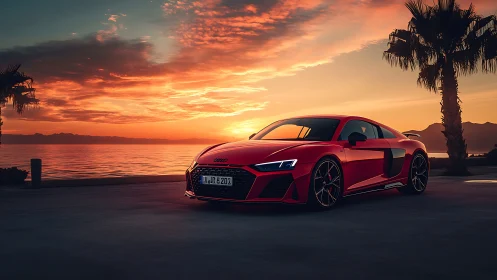 Red sports coupe parked by coastal road at vibrant sunset