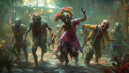 Group of decayed zombies advancing in colorful street scene.