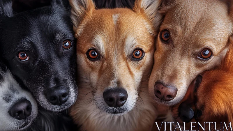 Five close-up dog faces aligned in a tight horizontal row