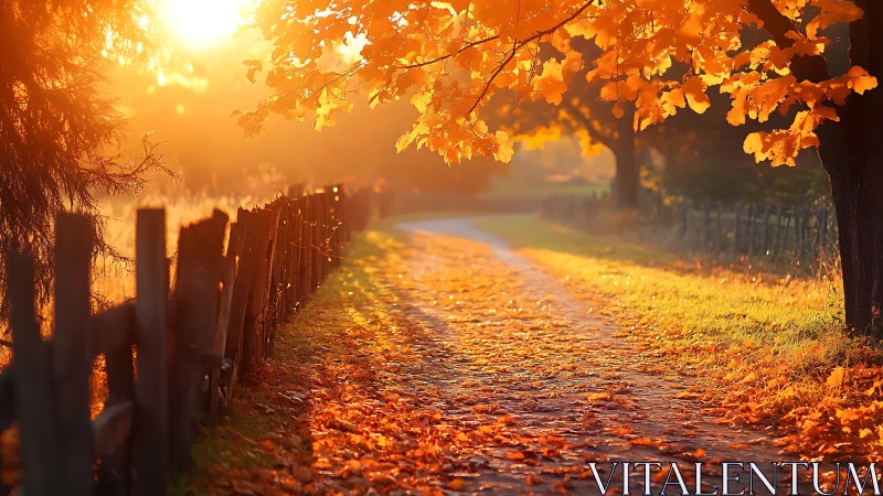 Backlit rural lane with autumn foliage in low sun glow