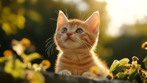 Orange tabby kitten looks upward in sunlit garden setting