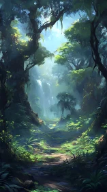 Forested Ravine with Waterfall and Canopy Opening.