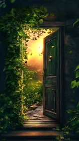 Sunlit garden threshold framed by ivy and weathered wooden door