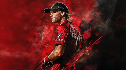 Digital painting portrait of cricketer in dynamic red motion field.
