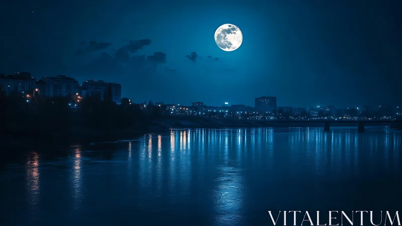 Luminous full moon casts a tranquil glow over riverside city