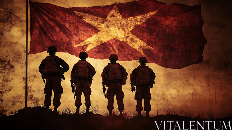 Soldiers stand silhouetted before large stylized war flag