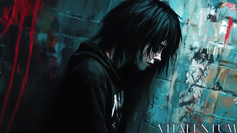 Midnight walls listen while a lone drifter leaks neon sorrow