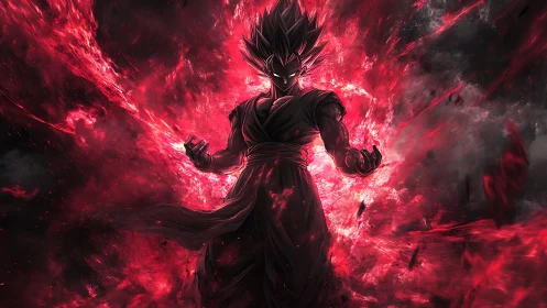 Dark warrior radiates crimson energy in storming void