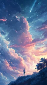 Solitary figure gazes at luminous clouds and falling stars.