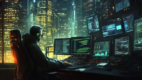 Solitary coder at multi-screen cyberpunk workstation scene.