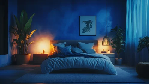 Midnight sanctuary bedroom aglow in moody blue and amber light.
