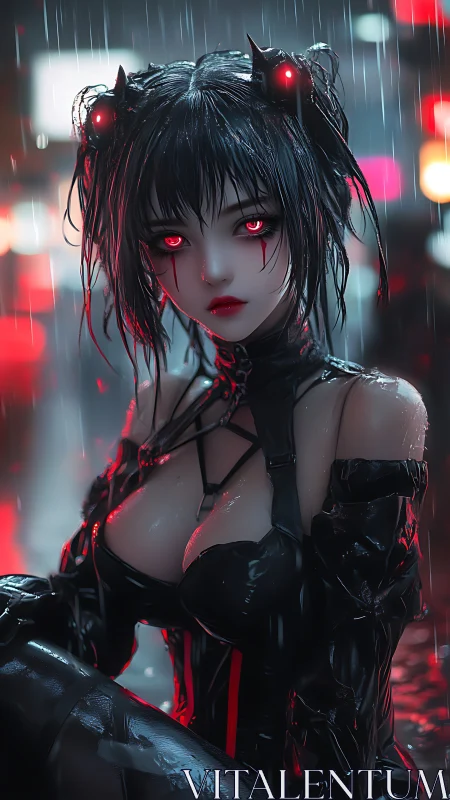 Neon eyed cyber girl waits calmly in the rainy city night