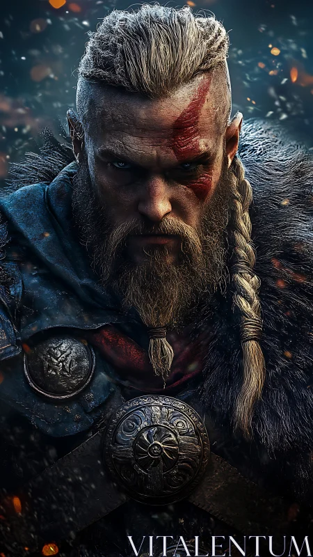Battle-scarred Viking warrior under embers and frost.