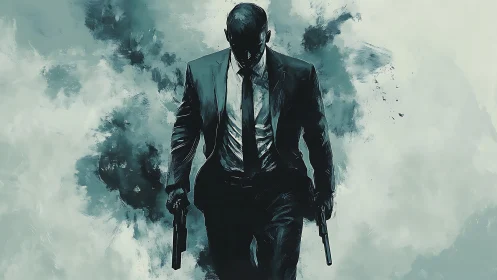 Silhouetted armed man in suit walking through abstract smoke.