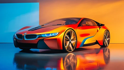 Chromatic BMW concept coupe blazes through molten sunset glow.