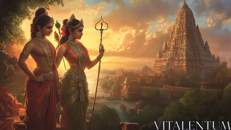 Golden evening honors serene goddesses beside riverside temple